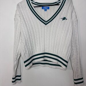 Prince White and Green V-Neck Sweater